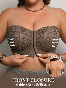 DesireSculpt Plus Size Wireless Lace Front Closure Bra, Sexy Lift And Gather, Invisible Back Bra, 1pc - Mocha Brown - View 1