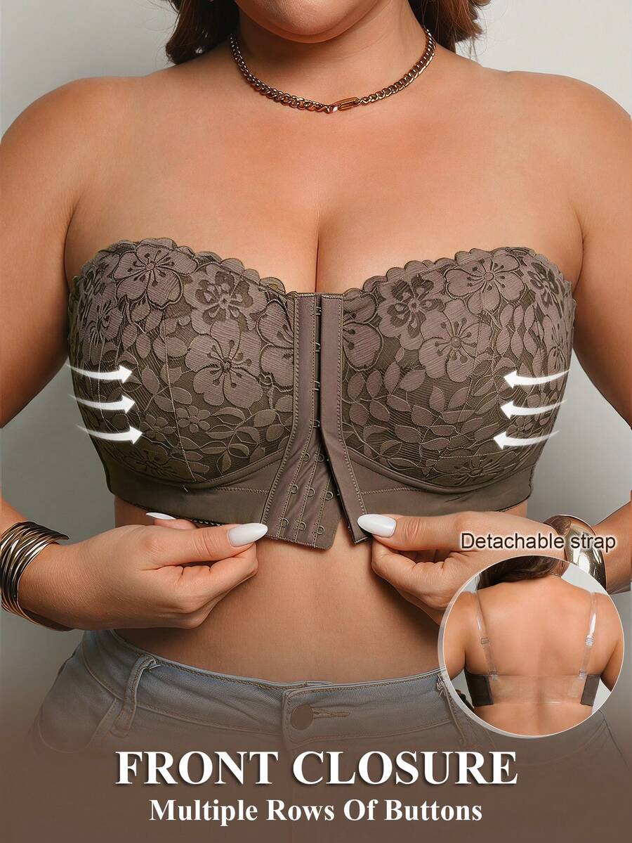 DesireSculpt Plus Size Wireless Lace Front Closure Bra, Sexy Lift And Gather, Invisible Back Bra, 1pc - Mocha Brown - View 1