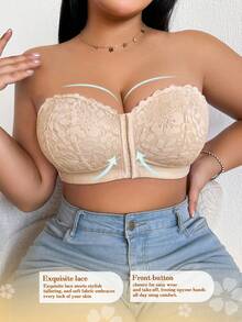 DesireSculpt Plus Size Wireless Lace Front Closure Bra, Sexy Lift And Gather, Invisible Back Bra, 1pc - Beige - View 5