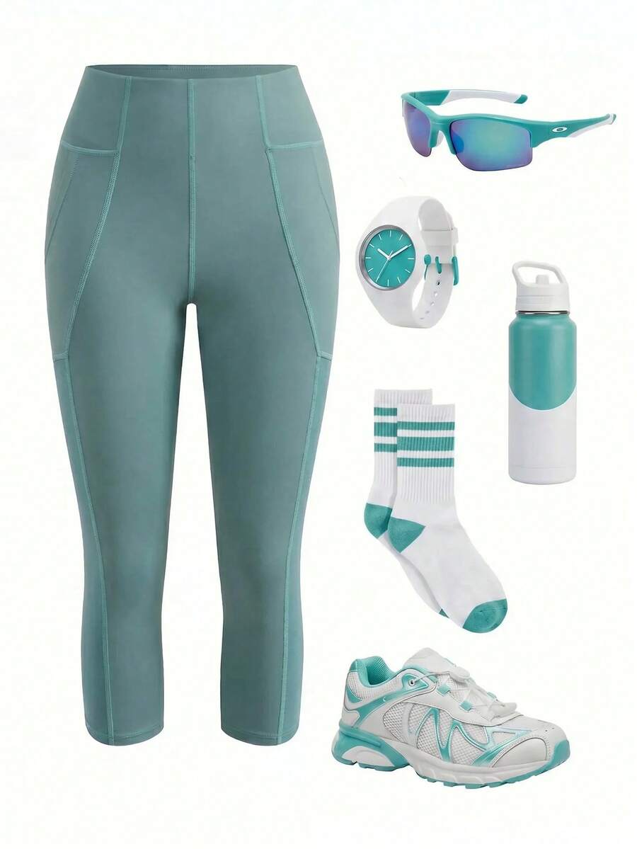 SHEIN Cheerettes Women's Contrast Stitching Elastic Tight Fit Leggings - Mist Green - View 1