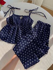 Solflare Navy Blue Plus Size Polka Dot Print Camisole And Casual Pants 2 Pieces Set - Navy Blue - View 3