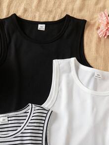 SHEIN Sparklyn 3件装少女夏季背心，黑白条纹多色上衣，柔软质感面料上衣，白色上衣 - 彩色 - 查看 3