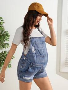 SHEIN Quần yếm denim màu xanh nhạt bạc màu, kiểu dáng thời trang dành cho bà bầu. - Rửa trung bình - Xem 7