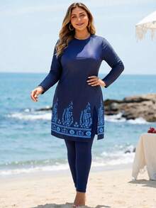 Plus Size Women's 2 Pieces Burkini Set, Digital Printed Retro Style, Suitable For Beach & Holiday In Summer - Multicolor - View 4