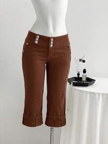 Elamini Women's Casual Retro Low-Waist Skinny 3/4 Length Denim Jeans - Brown - View 4