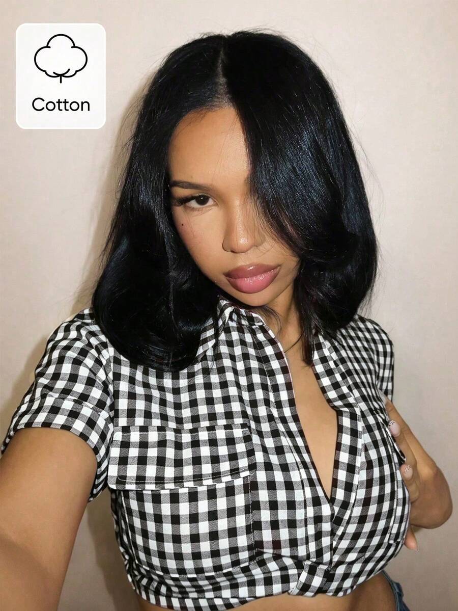 SHEIN BamGlam 女款格紋短袖工裝口袋短版性感襯衫 - 黑與白 - 查看 1