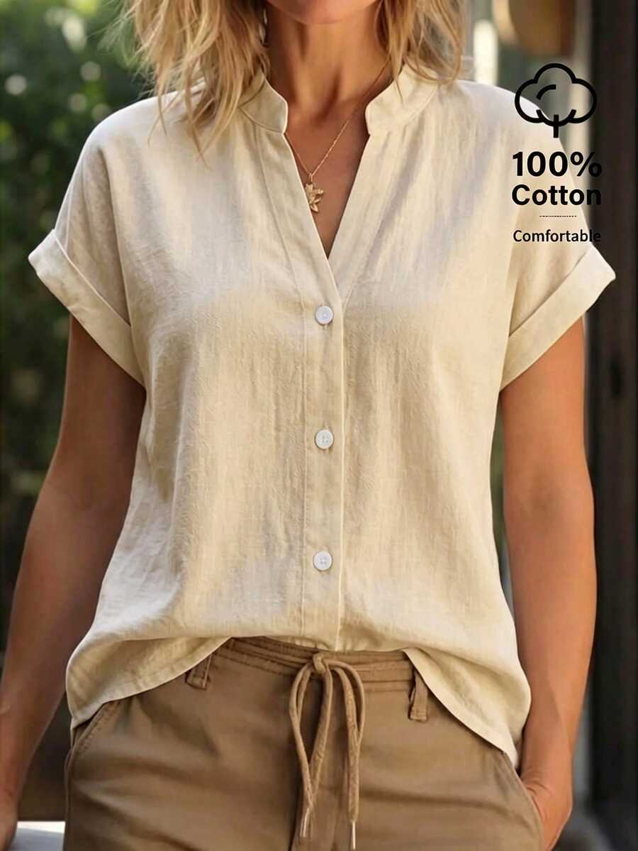 Zayélia Blus Lengan Pendek Model Batwing Warna Polos untuk Wanita, Atasan Lengan Pendek - Khaki - View 1