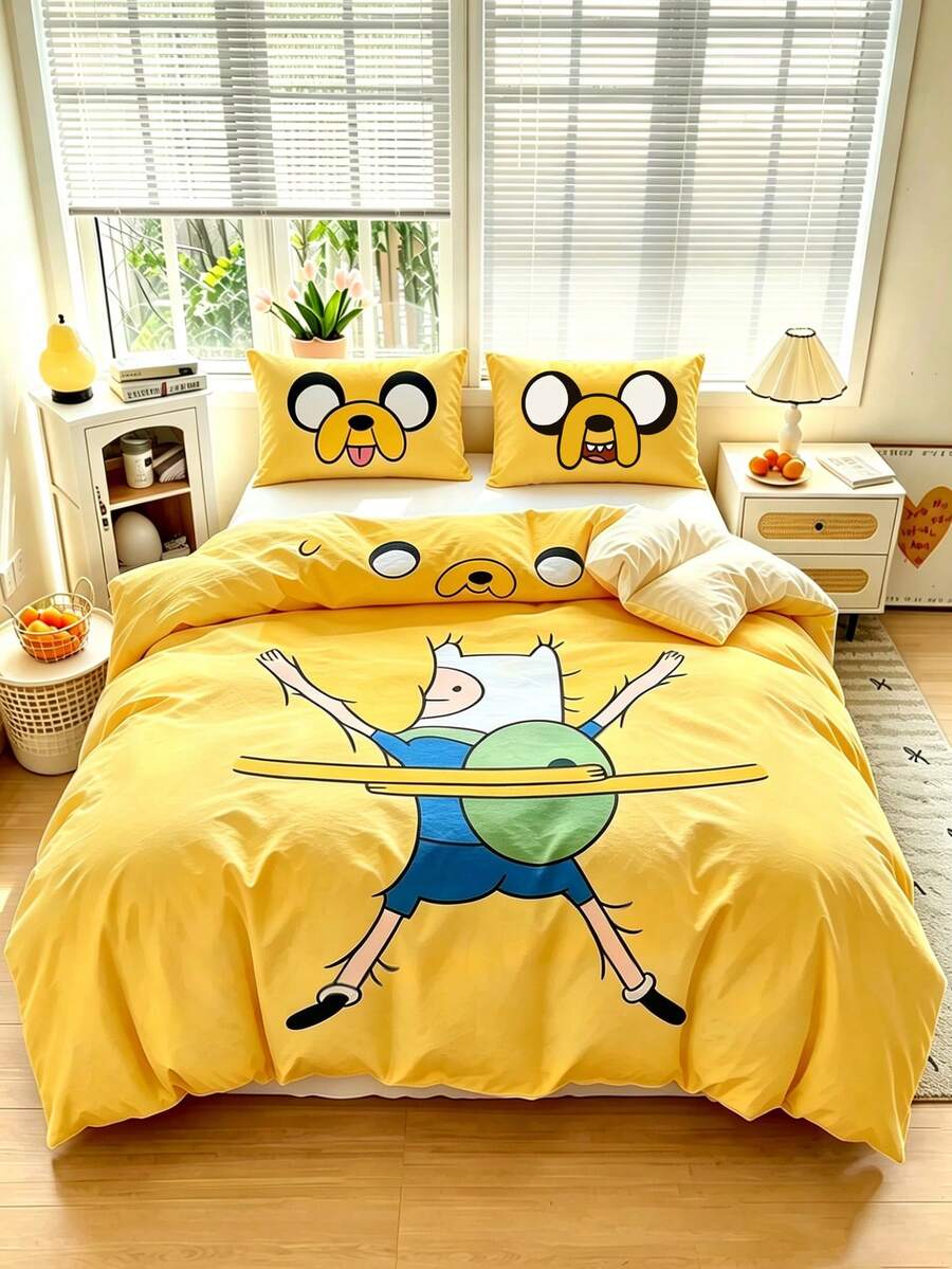 ADVENTURE TIME X SHEIN 三件套可爱卡通印花被套，光滑面料，柔软保暖，红色被套，多种尺寸可选，适用于单人床/双人床/大号床/特大号床 - 黃色 - 查看 1