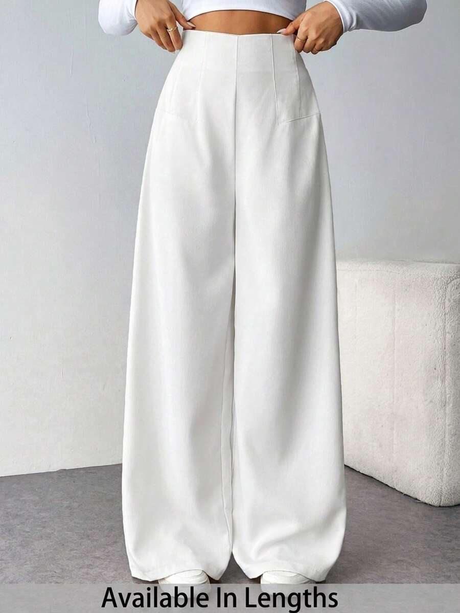 SHEIN Tall CURVE 大尺碼女款極簡休閒時尚高腰紋理寬腿褲 - 白色 - 查看 1