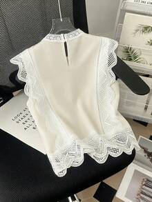 Franclia 女士春夏法式优雅蕾丝拼接立领无袖刺绣休闲百搭衬衫 - 杏色 - 查看 2