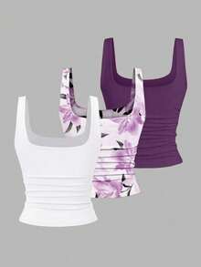 SHEIN EZwear 女款百搭修身針織背心3件組，休閒百搭收腰抓皺修身背心，夏季百合印花圖案，紫色與白色背心組女上衣 - 彩色 - 查看 2