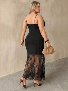 Auralis Plus Size Elegant Solid Color Lace Patchwork Slip Dress For Summer Festival Outfits For Women - Black - View 4