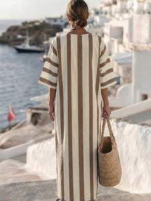 Breezaya Damen gestreiftes blau-weißes Urlaubsprint Digital-Muster Kleid mit Halbarm, lässiges Alltagskleid mit Seitentasche, V-Ausschnitt und ausgestelltem Saum, Frühling/Sommer 2026 Neuheit - Braun - Übersicht 2