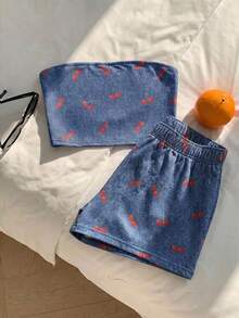 Comfortcana Setelan 2 potong kasual minimalis biru efek mekanik & motif ceri merah, atasan crop top dan celana pendek, gaya serbaguna cocok untuk musim semi/panas, liburan, dan acara santai. - MultiWarna - View 3