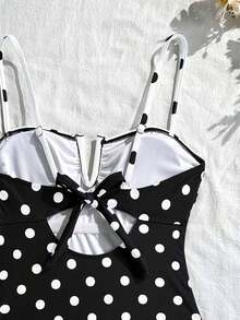 Swim Mod 2026 Spring/Summer New Polka Dot Contrast Color Frill Trim One-Piece Swimsuit For Women - Black and White - View 6