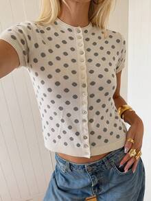 Opulessa Women's Autumn Polka Dot Pattern Fitted Single-Breasted Cardigan Vacation Off-White Cute - Beige - View 4