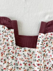 SHEIN Vintaside Kids 新生儿方领休闲日常优雅纯色及印花无袖露背抹胸连衣裙两件套，适合户外玩耍、公园散步或日常穿着。 - 棕色 - 查看 7