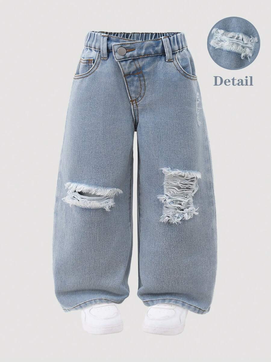 SHEIN ChillGRL 2025年年輕女孩Y2K休閒日常百搭街頭風不對稱腰線破洞寬鬆直筒牛仔褲,舒適百搭,適合日常穿著,四季熱銷款 - 淺色水洗藍 - 查看 1