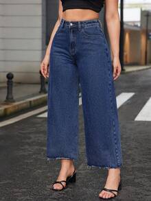 SHEIN ICON 大码女式浅灰色弹力腰毛边直筒牛仔裤 - 深色水洗藍 - 查看 5