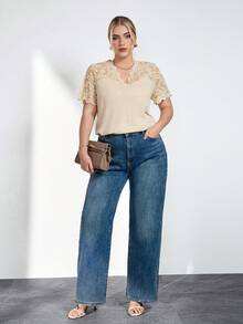 Chikora Plus Size Peach Summer Elegant Wedding Ninang Women Contrast Lace V-Neck T-Shirt,Fashion Casual Office Attire Work Tops Blouses Carnival Costume 2026 - Apricot - View 4