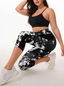 SHEIN Rhythm Era Plus Size Fashion All-Over Print Mesh Pocket 3/4 Yoga Pants - Multicolor - View 2