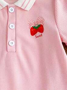 SHEIN Baby Girls' Puff Sleeve Pink Polo Collar Strawberry Print Ruffle Hem Casual Short Sleeve Dress - Pink - View 7
