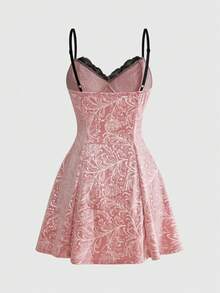 ROMWE Goth Plus Size Colorblock Lace Patchwork Spaghetti Strap Summer Tie-Waist Elegant Allover Print Dress - Pink - View 2