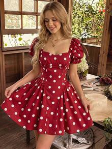 SHEIN MOD Vestido mini de mujer con estampado de bloques de color y lunares - Rojo y blanco - Ver 1