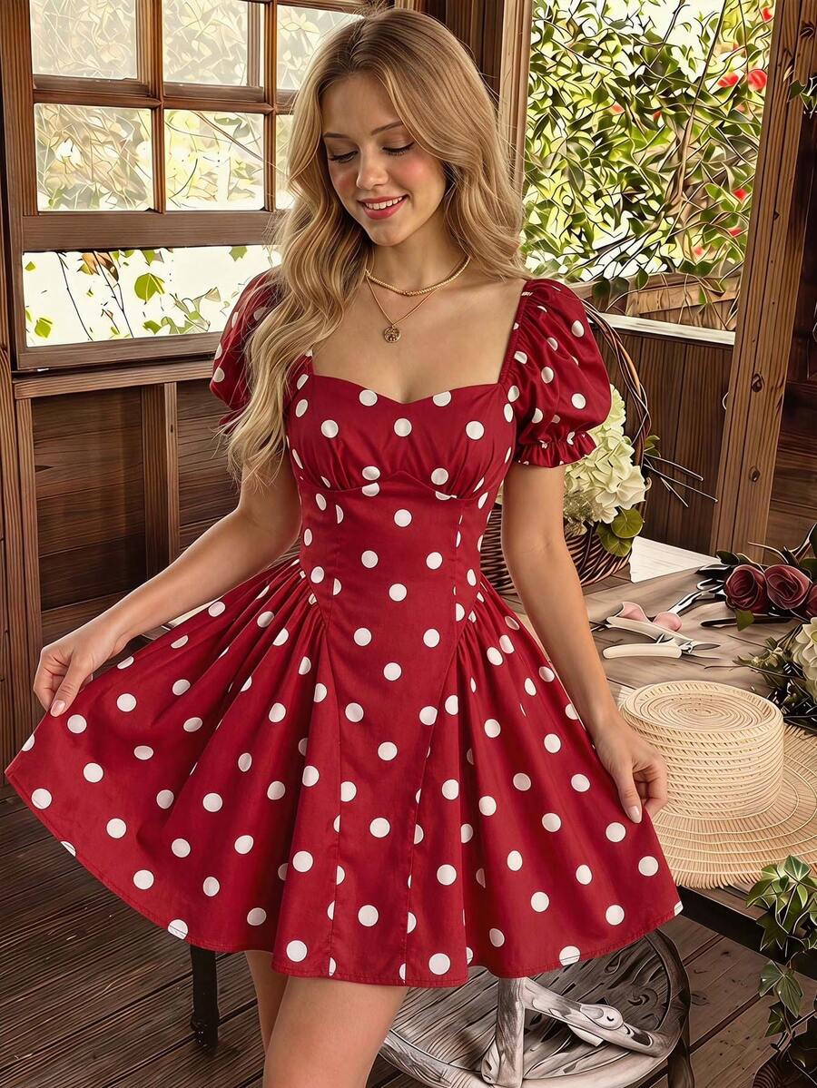 SHEIN MOD Vestido mini de mujer con estampado de bloques de color y lunares - Rojo y blanco - Ver 1