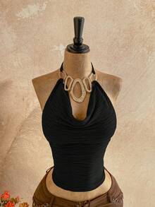 Soleia Spring/Summer New Casual Vacation Western Beach Wedding Guest Attire Graduation Brunch St. Patrick's Day Spring Break Easter Music Festival Elegant Bohemian Tropical Halter Backless Tie Strap Metal Decor Party Valentine's Date Deep V Neck Women Tank Top - Black - View 6