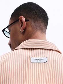 SUMWON Striped Cropped Button-Up Shirt Short Sleeve Chest Pocket Embroidered Logo Summer Casual - Khaki - View 6