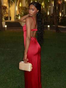 Mima John 女款純色梭織修身長版細肩帶洋裝，夏季女裝紅色洋裝，適合外出、婚禮與優雅派對穿著 - 紅色 - 查看 3