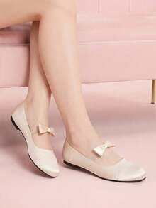 CUCCOO DOLLMOD Women's Shoes, Light Pink Satin Bow Ballet Flats, Round Toe Comfortable Mary Jane Shoes, Soft Overalls For Daily Wedding Parties - Baby Pink - View 3