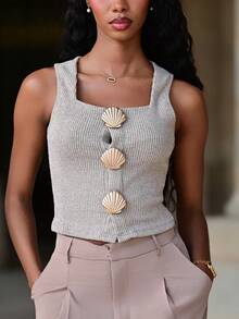 Mima John Women Square Neck Sleeveless Shell Embellished Ribbed Summer Tank Top Casual - Apricot - View 3
