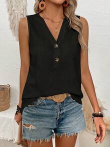 Hotletica Women's Solid Color Fashion Button Decor Camisole, Versatile For Daily Wear - Black - View 5
