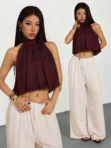 SHEIN PETITE Women's Fashionable Sexy Cropped Ruched Halter Top, Suitable For Dates And Music Festivals,Summer Top - Coffee Brown - View 6