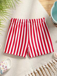 CoComelon X SHEIN Bañador de niño con estampado de rayas y dibujos animados, con cintura con cordón - Rojo - Ver 2