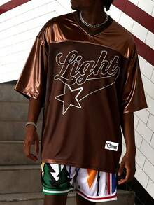 Sport MetroGents 男士字母與五角星印花短袖運動T恤，足球、健身、度假 - 駝色 - 查看 4