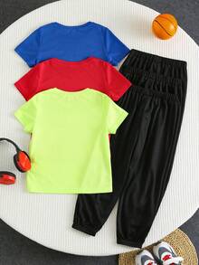 SHEIN 6pcs/Set Boys' Casual Minimalist Letter Print Crew Neck Pullover Sportswear Set - Multicolor - View 3