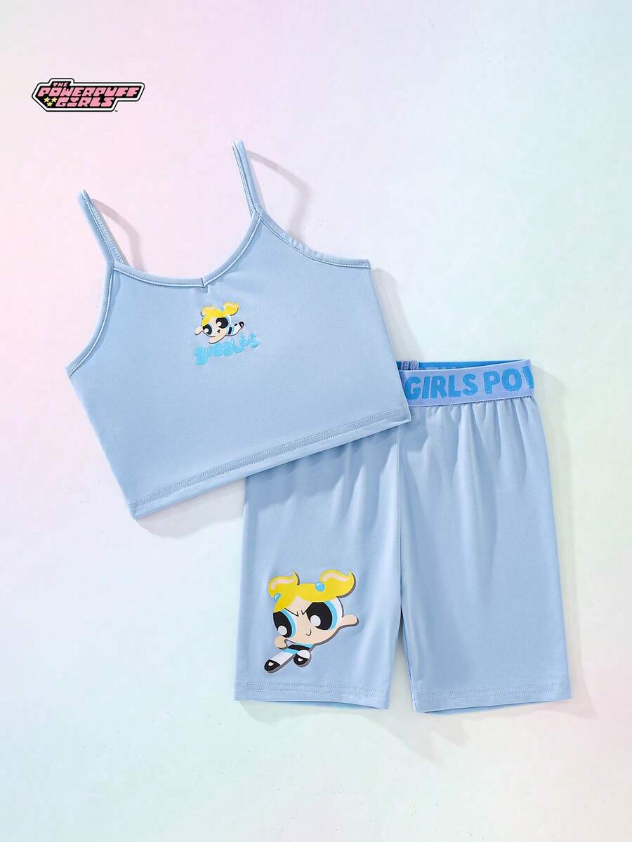 THE POWERPUFF GIRLS X SHEIN Maija Kids 少女夏季休閒日常通勤趣味可愛卡通字母印花細肩帶上衣與彈性腰帶織帶短褲套裝 - 藍色 - 查看 1