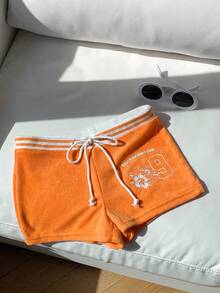 Comfortcana 女士橙色Y2K标语印花抽绳腰超短裤 - 橘色 - 查看 6