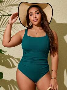 Swim Lushoire Plus Size One-Piece Green Ribbed Ruched Belly Swimsuit, Mature Style Suitable For Summer Vacation And Beach - Green - View 4