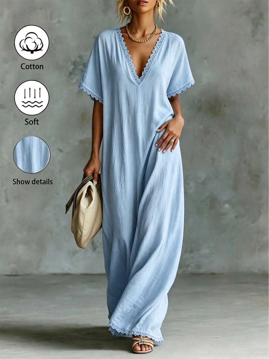 LUMIGAL Women's Cotton Linen Ruffle Patchwork Short Sleeve Dress - Blue - View 1