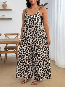 Enliva Plus Size leopardmönstrad lös jumpsuit - semester vintage bohemisk casual stil - Brun - Visa 5
