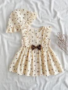 SHEIN Vintaside Kids 夏季新生女嬰杏色圓領荷葉邊卡通櫻桃印花無袖紅色蝴蝶結洋裝附紅色帽子，優雅可愛 - 卡其色 - 查看 6