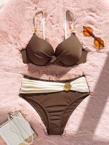Swim Chiccia Women's Solid Color Underwire Bikini Set With High Waist Bottoms, Spring/Summer - Coffee Brown - View 5
