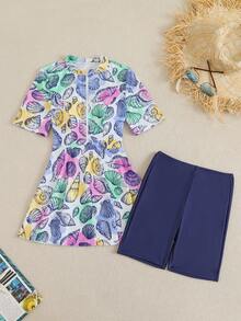 Swim Mulvari 2件/套 新款貝殼印花圓領短袖前開拉鍊泳衣與短褲布基尼套裝，夏季 - 彩色 - 查看 2