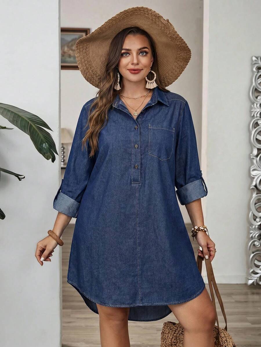 SHEIN CURVE+ Đầm sơ mi denim cỡ lớn, trang phục thường ngày thanh lịch cho phụ nữ đi biển và nghỉ mát mùa hè, màu trơn, vai thường, cài nửa vạt, dáng rộng thoải mái cho mùa hè. - Rửa tối - Xem 1