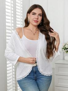 Reflora Chaqueta blanca de punto texturizado para mujer de talla grande para otoño - Blanco - Ver 7