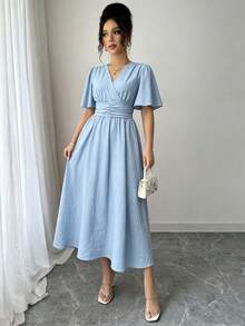 SHEIN Elenzya Women's Solid Color Cotton-Feel Overlap V-Neck Ruffle Short Sleeve Elegant Midi Dress - Baby Blue - View 5